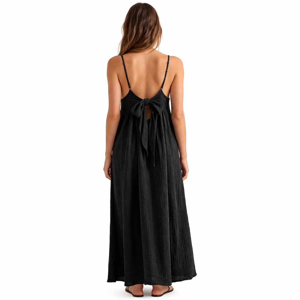 SOL ANGELES‎ Gauzy Cotton Back Bow Black Maxi Dress minimalist resortwear XS/S
